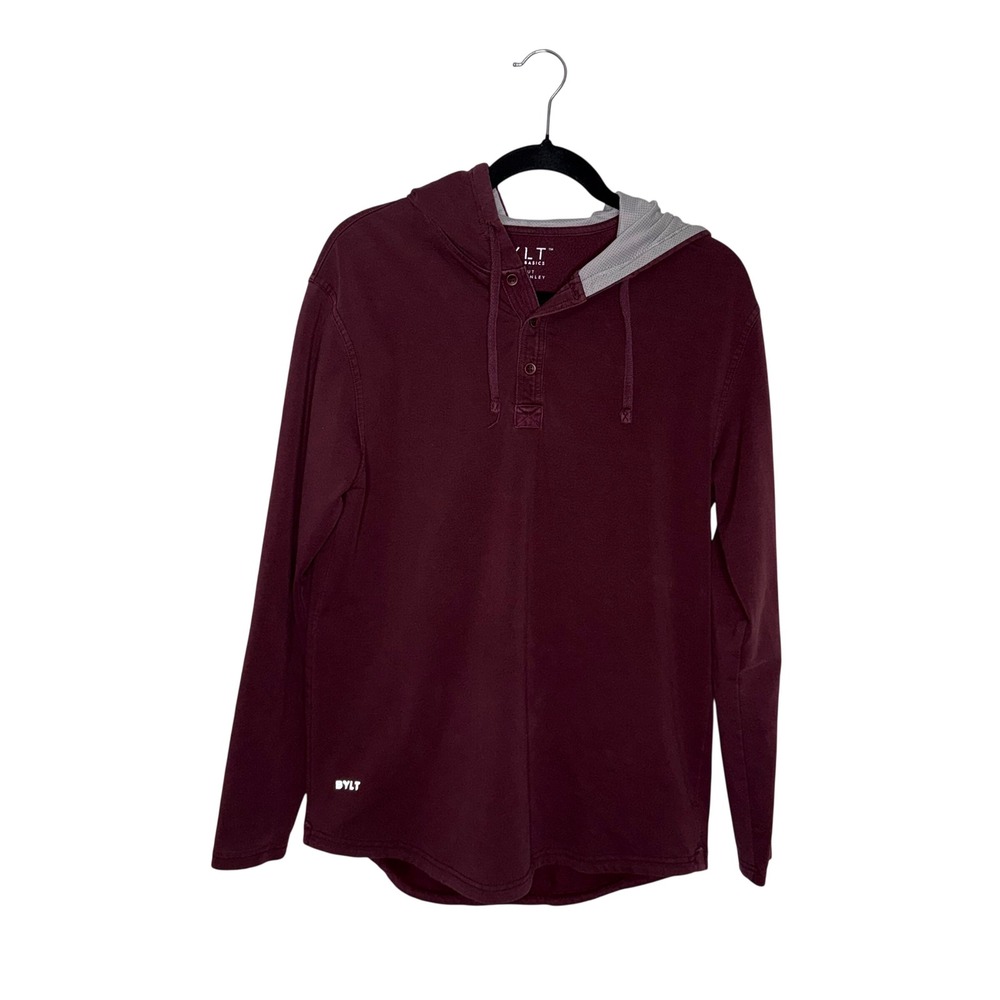 BYLT Drop Cut Hooded Henley Mens‎ Medium Maroon Lux Long Sleeve Hoodie Excellent